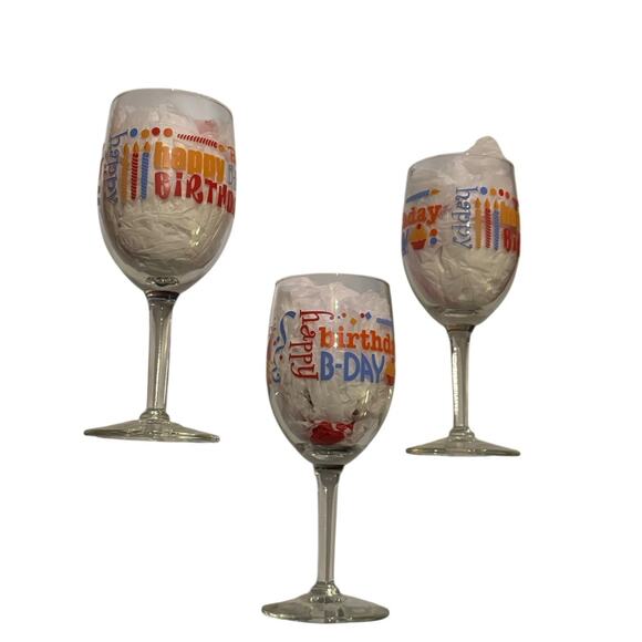 Happy Birthday Wine Glasses Set of 3 Colorful Party Celebration Printed Stemware - Picture 3 of 6